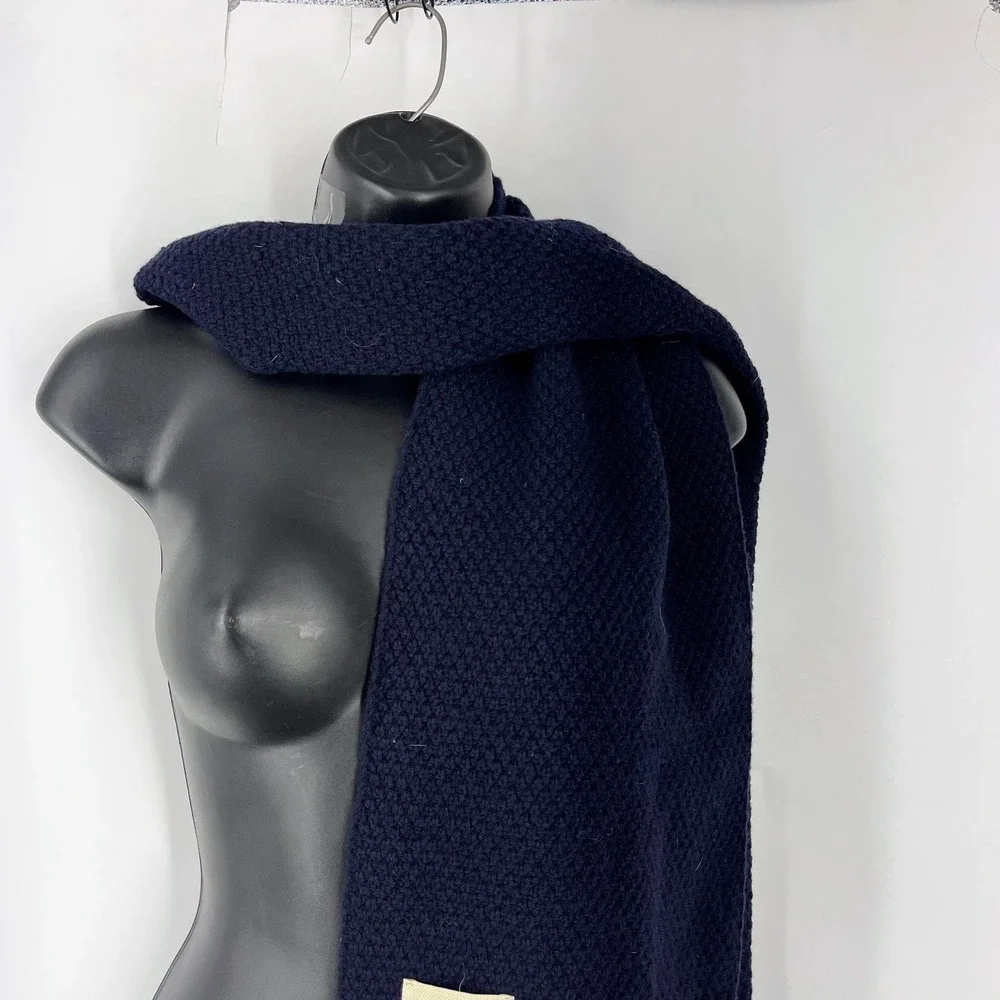 Oliver Spencer Mens Navy Blue Textured Knit Winter Scarf Ribbed Trim Designer